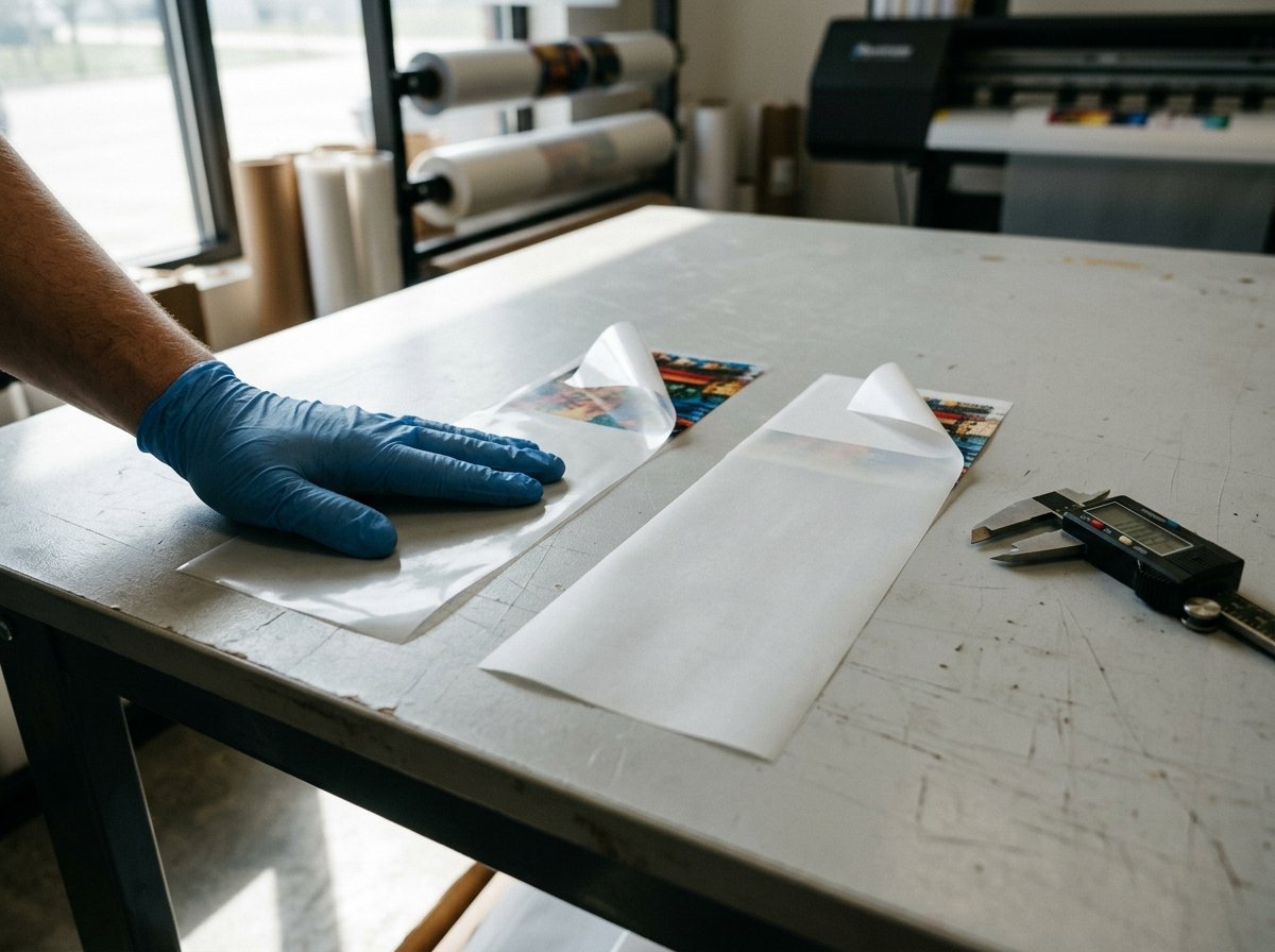 Decision framework comparing 75 µm and 100 µm DTF film across hand feel, ink load, wash durability, and cost per transfer.
