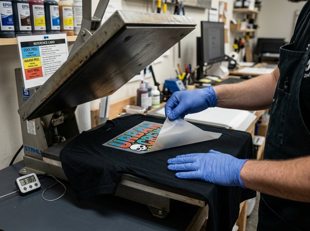 Peel-type decision tree mapping hot, warm, and cold peel timing against fabric type and ambient temperature conditions.