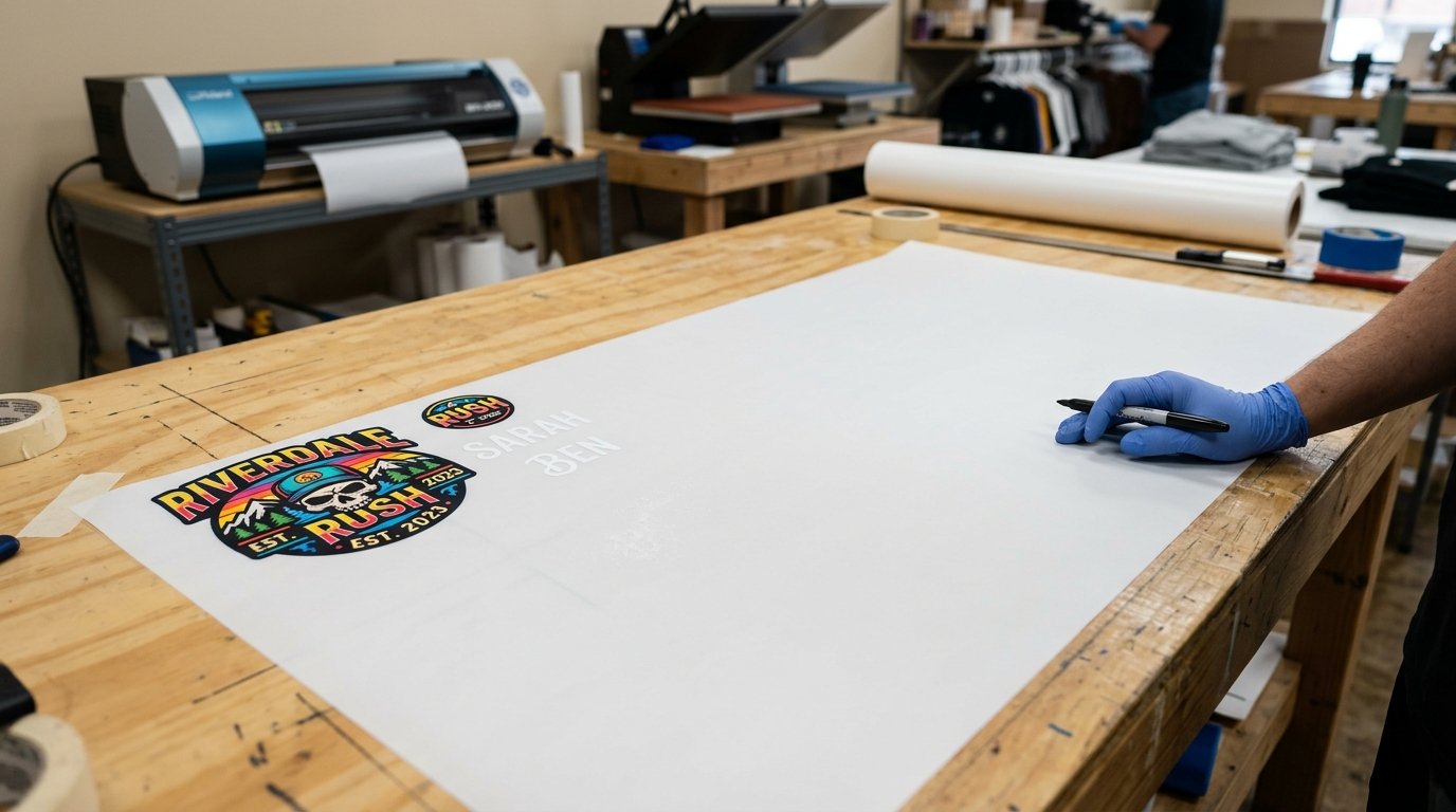 22-inch DTF gang sheet diagram highlighting artwork area, unused white space, and four stacked cost components along film…
