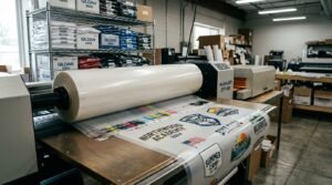 60cm DTF film roll diagram showing usable print area, edge margins, and purge strip waste zones.