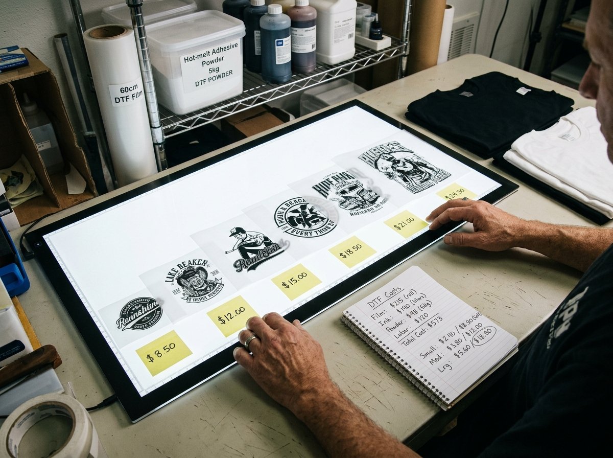Flow diagram stacking film, ink, powder, and platform fees to calculate per-design cost and Etsy margin.